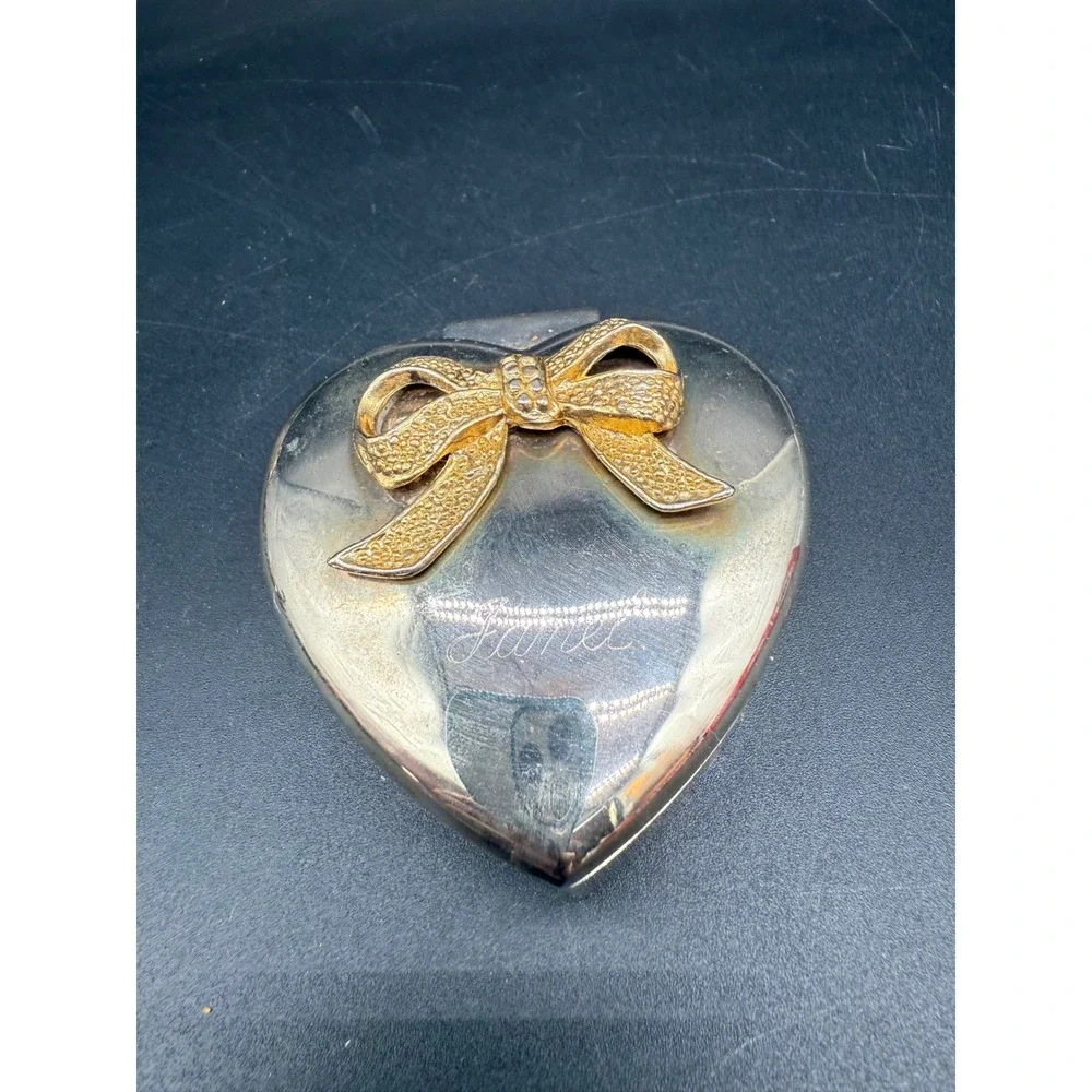 Vintage Silver‑Tone Heart Trinket Box Gold‑Bow‎ Hinged Jewelry Keepsake Engraved